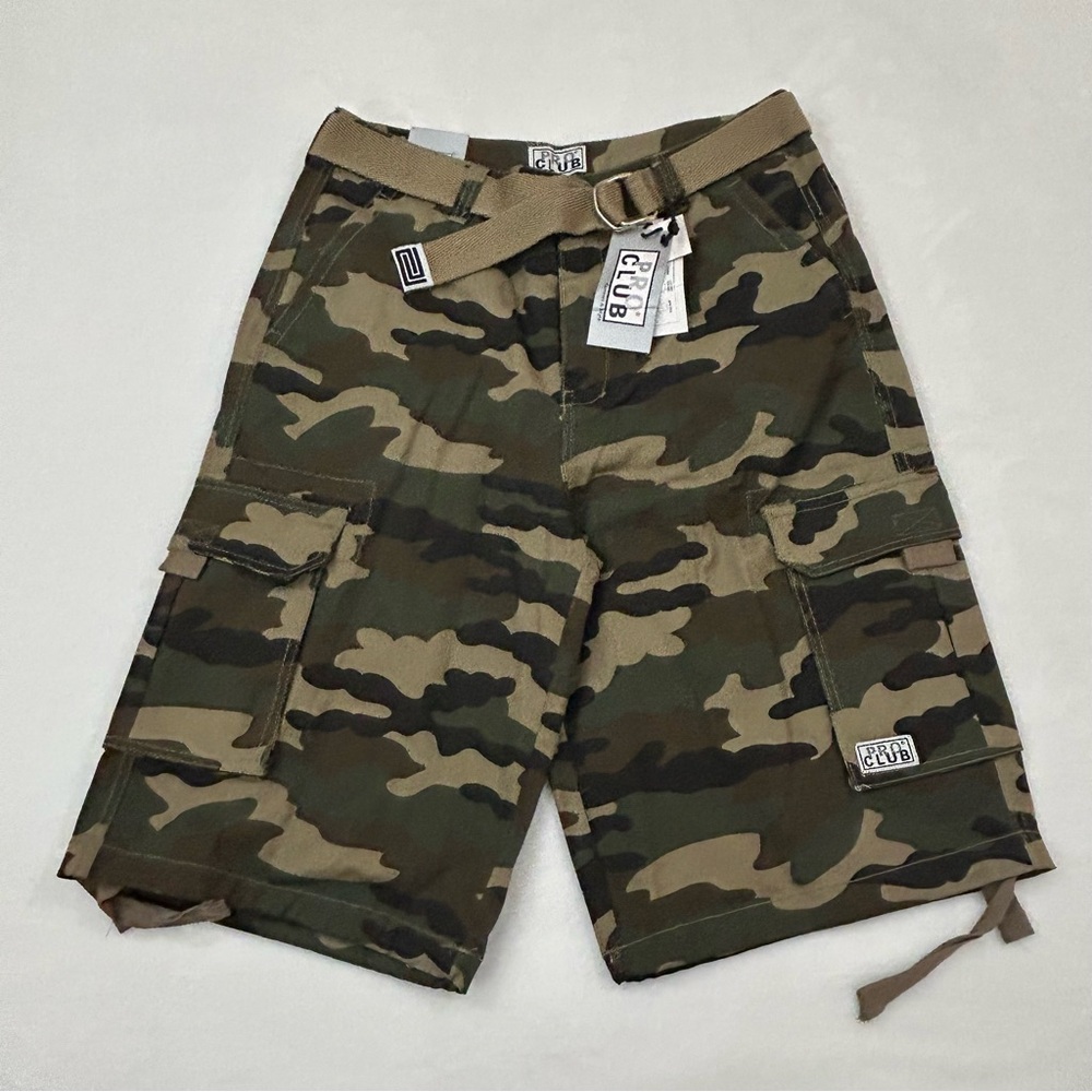 Pro Club Cotton Twill Military Army Camo Below Knee Cargo Shorts w/ Belt Mens